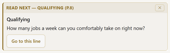 A coach card reading: Read next - Qualifying, page 8. How many jobs a week can you comfortably take on right now? With a Go to this line button.