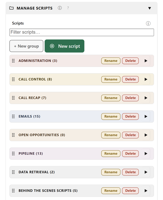 The Manage scripts pane listing script groups and the scripts inside them, each row with controls to view, rename and delete.