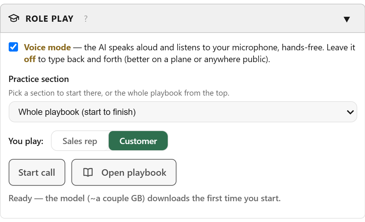 The Role play panel: a voice mode checkbox, a section picker, a choice of playing the sales rep or the customer, and Start call and Open playbook buttons.