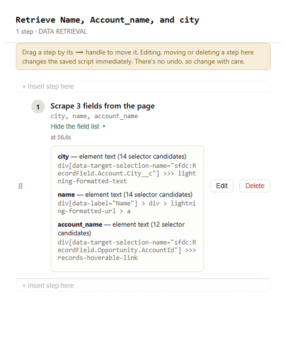 A script step called Scrape 3 fields from the page, with the field list expanded showing city, name and account_name and the page selectors SuzyQ recorded for each.