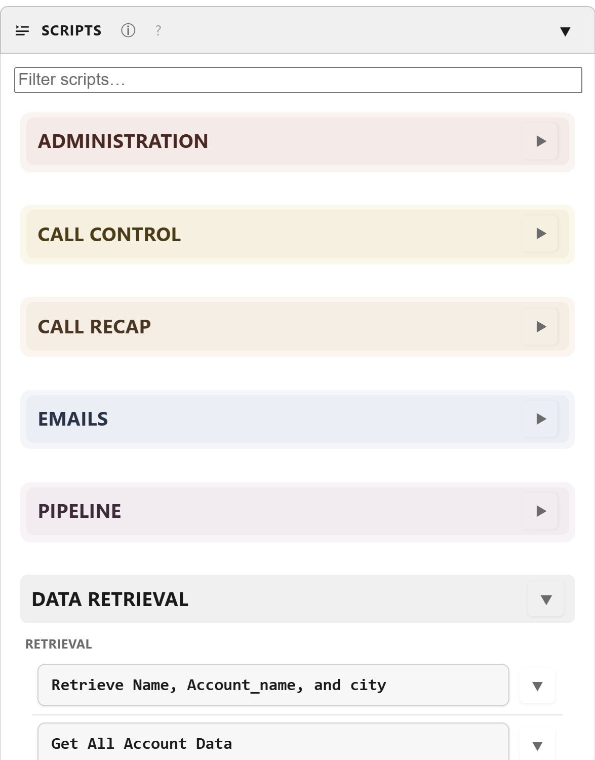 The SuzyQ Scripts panel: collapsible groups named Call control, Call recap, Emails and Pipeline, each holding named scripts with the spoken phrase that runs them.
